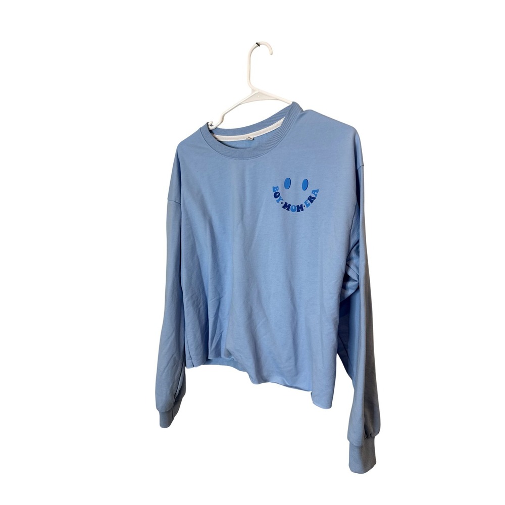 Sweatshirt Womens 2XL Blue Boy Mom Era Smiley Graphic Pullover Top Lightweight